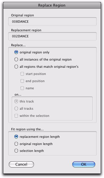 Replacing Audio Regions Replace Region Dialog Use the Replace Region function to replace multiple instances of an audio region in a playlist with another region.
