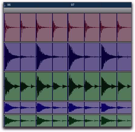 Extending the selection to the snare, hi-hat, and overhead microphones tracks, and then performing the separation, results in separated regions in each of the drum tracks at the same location, based