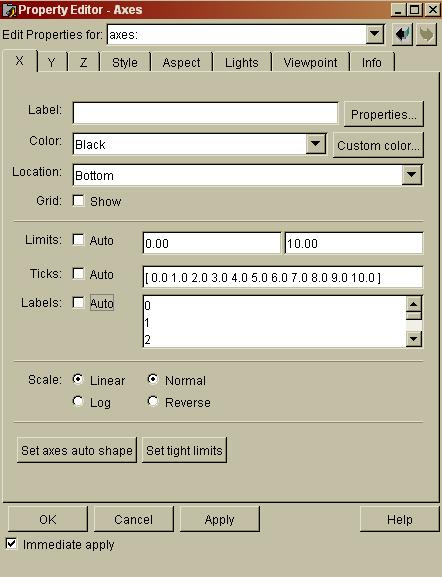 Editing Axes You can label the axes using specific functions (xlabel, ylabel, etc.) but it s easiest to select Axes Properties from the Edit menu of the figure window.
