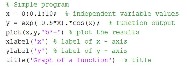 WRITING PROGRAMS IN MATLAB Programs may be written using MATLAB editor and saved as files with.m suffix.