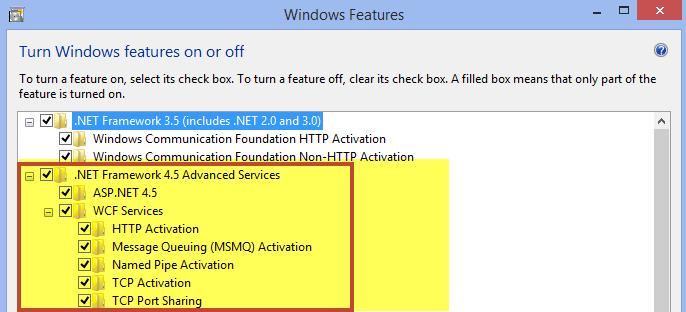 5. If Win8 or a higher version is installed on the machine; please also enable the features highlighted in the following image ADDING IIS BINDING INFORMATION IN CONFIG FILES If a user has