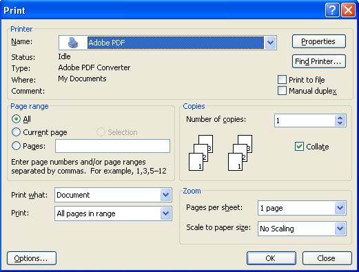 Printing to a file to PDF Microsoft Office 2003 and 2007 provide the option to Print to file.