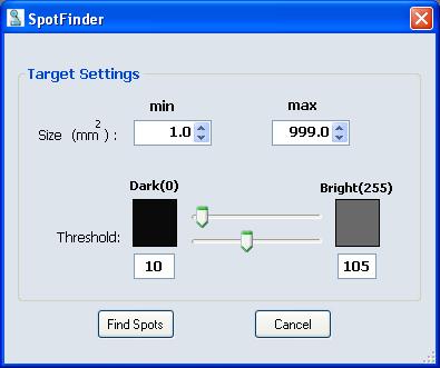 Spot Finder Function This button allows to set up searching conditions for the scanned or imported image displayed in the View area, which is helpful to speed up the searching process and to improve