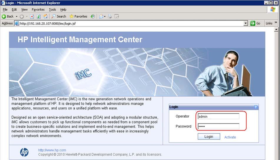 Figure 32 IMC login page # Enterthe username and password, and then click Login. The IMC homepage appears, as shown in Figure 33.
