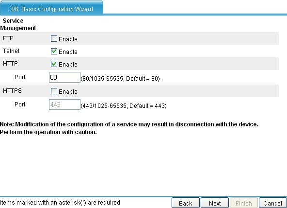 Figure 37 Basic configuration wizard 3/6 (service management) 2. Configure services as described in Table 9.