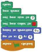 Figure 2-10: Scripts for the Eas Draw application When ou click the green flag, the sprite will move to the center of the Stage and point up.