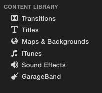 Content Library (Lower Left) Open the: Transitions Browser Titles Browser Maps & Backgrounds