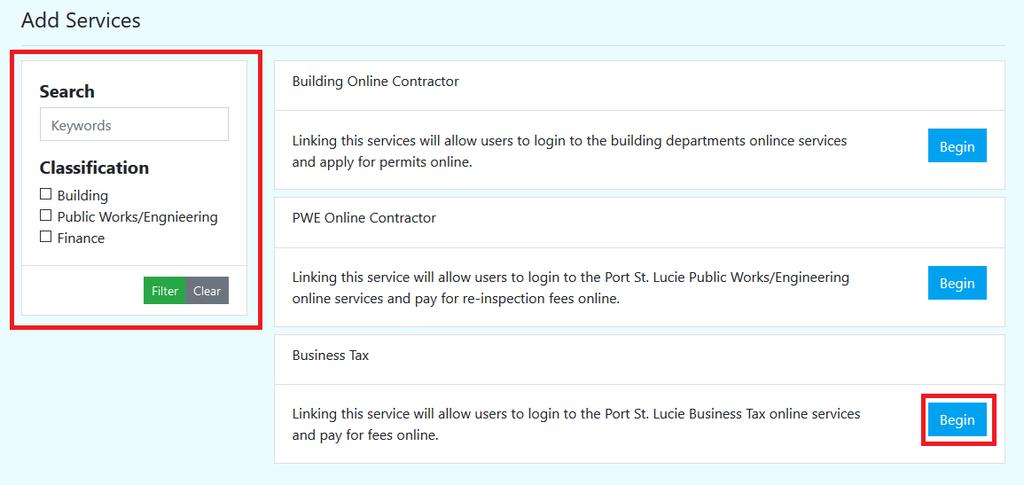 Adding Business Tax Service 3 Finding a Service The Add Service page is a listing of all the services that can be linked to an account.