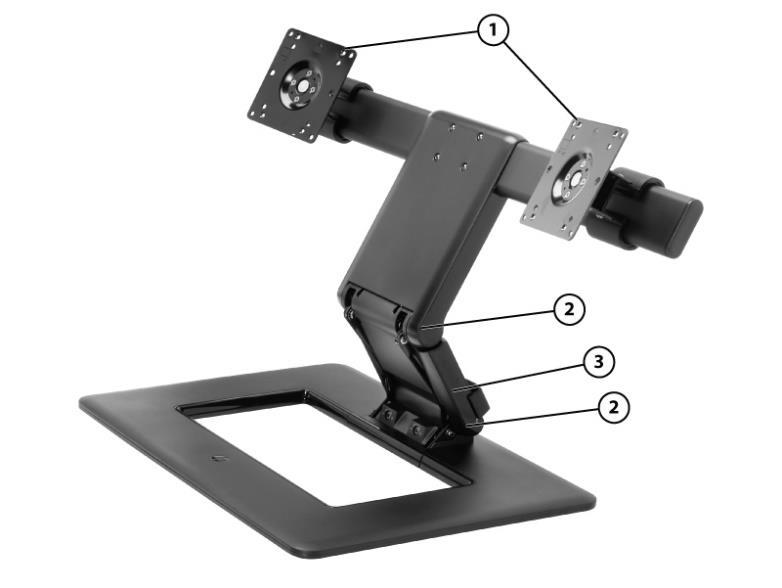 HP Adjustable Dual Display Stand - AW664AA 1. VESA display mounts 3. Cable management channel 2. Dual-hinged Dimensions (H x W x D) Rev B 15.7 x 19.7 x 14.0 in (40.0 x 50.0 x 35.