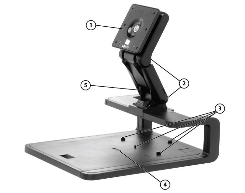 HP Adjustable Display Stand - AW663AA 1. VESA display mount 4. Eject button 2. Dual-hinged 5. Cable management channel 3. rdocking posts Dimensions (H x W x D) Rev B 16.9 x 13.8 x 15.7 in (43.0 x 35.