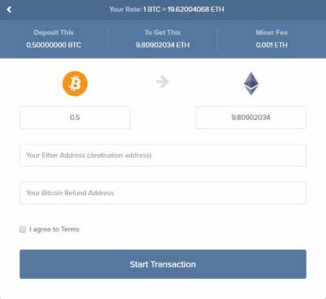 Next, you will be brought to the following page: To start your transaction: Enter the amount of BTC that you wish to exchange (in this case, I want to exchange 0.5 BTC).