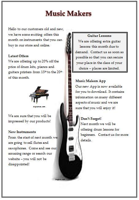 Section A Word processing Answer ALL questions Case study Music Makers is a popular and successful company that sells musical instruments and music manuscripts. It also offers music lessons.