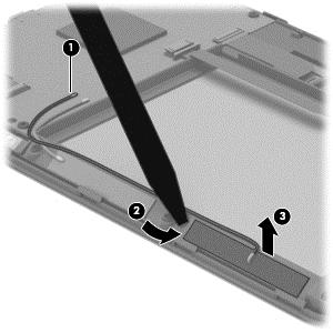 2. Insert a thin, plastic tool (2) under the left side of the wireless antenna transceiver and detach the transceiver (3) from the display panel assembly.