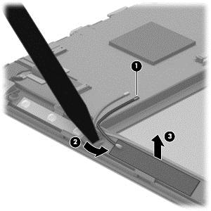 4. Insert a thin, plastic tool (2) under the left side of the GPS antenna transceiver and detach the transceiver (3) from the display panel assembly.
