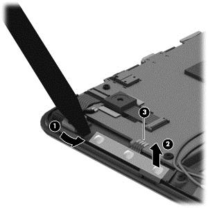 2. Insert a thin, plastic tool (1) under the left side of the power button cable until the cable (2) is fully detached from the display panel assembly.