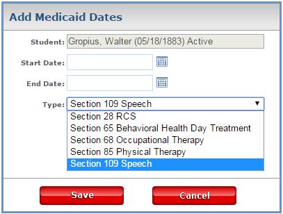 6) Enter approriate start and/or end dates and the appropriate billing section, or leave dates blank for OT, PT or Speech if there are no date restrictions for those services.