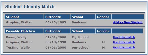 3) If an appropriate match is found, select Use this Match. If no appropriate matches are found, select Add as New Student. Both options will change the student status from Pending to Active.