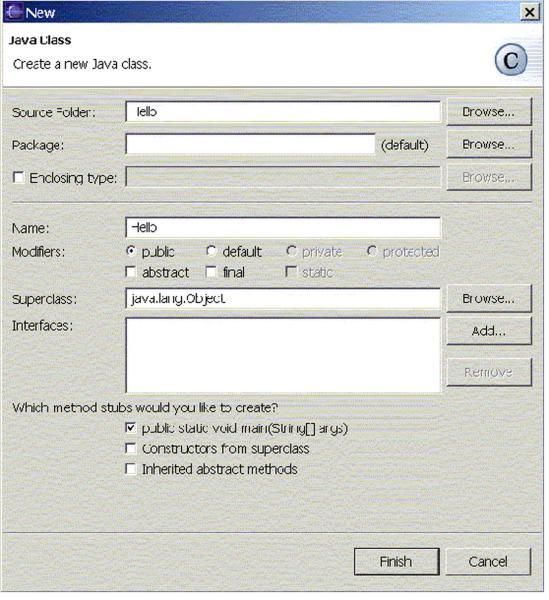 Creating a New Class Using the Java perspective, right-click on the Hello project, and select New > Class. In the dialog box that appears, type "Hello" as the class name.