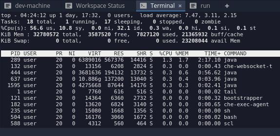 Chapter 8. Using the terminal tab Your Che workspace displays a terminal tab at the bottom of the screen.
