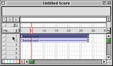 Click on Sprite 1, the large background image, to highlight it. Go to the Toolbar and open the score window The numbers going down in rows represent each sprite. Sprite 1 is highlighted.