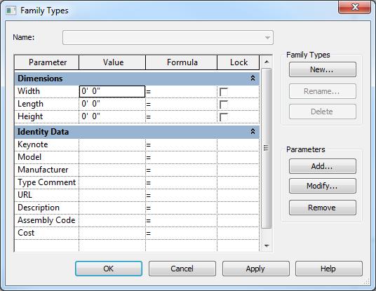 3. Flex the family (test parameter values against the model geometry). Figure 3: The Family Types Editor.