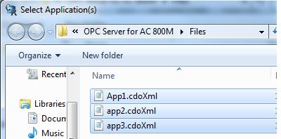 Figure 135. Select Application(s) Dialog The tool automatically browses to the default files folder of the OPC Server.