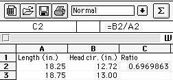 Step 3: Compute the ratios, (head circumference)/(length) and place them in column C as follows. Click on cell C2, enter the formula: =B2/A2, and press enter.