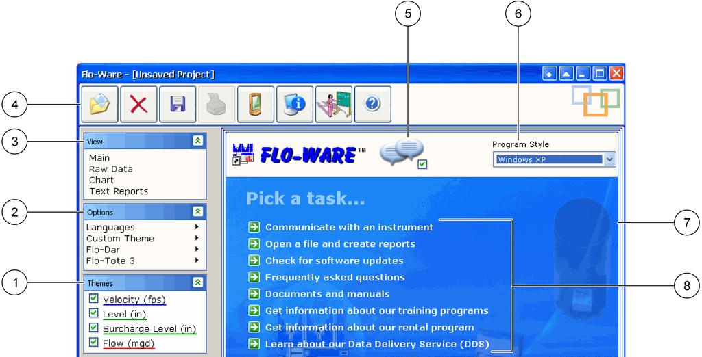 Section 3 Operation 3.1 User interface Figure 1 Main window Main window Double-click the FLO-WARE icon on the desktop to open the main window (Figure 1).