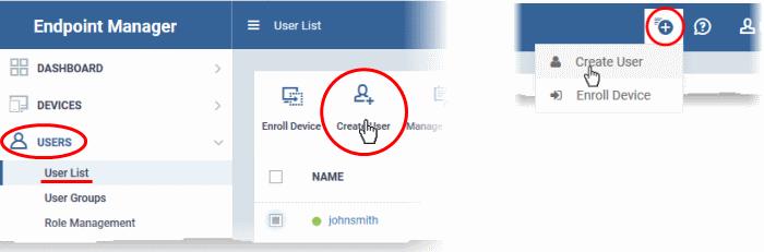 or Click the 'Add' button on the menu bar and choose 'Create User'. The 'Create new user' form will open.