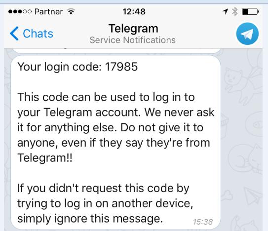 44 13. Telegram 13.2. Login traces 1. When using the phone number credentials, a notification is displayed in Telegram during the verification step, if the app or web client are currently running.
