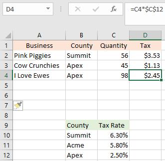 You can also have mixed cell references, where either the row OR the column is absolute, but the other relative. Example: The cell reference $D4 will always refer a cell in the Column D.