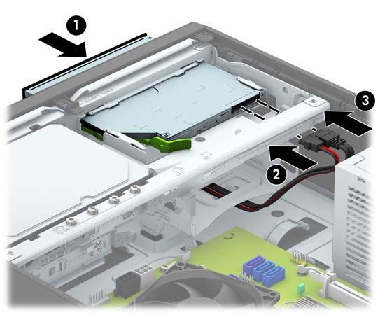 9. Slide the optical drive through the front of the chassis all the way into the bay so that it locks in place (1), and then connect the power cable (2) and data cable (3) to the rear of the drive.