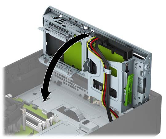 10. Rotate the drive cage back down to its normal position. CAUTION: Be careful not to pinch any cables or wires when rotating the drive cage down. 11. Replace the computer access panel. 12.