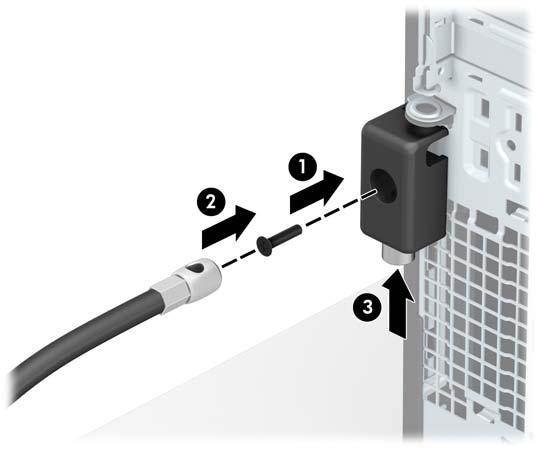 Insert the plug end of the security cable into the lock (2) and push the button