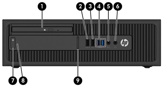 Front panel components Drive configuration may vary by model. Some models have a bezel blank covering the slim optical drive bay. 1 Slim Optical Drive (optional) 6 Headphone Connector 2 USB 2.