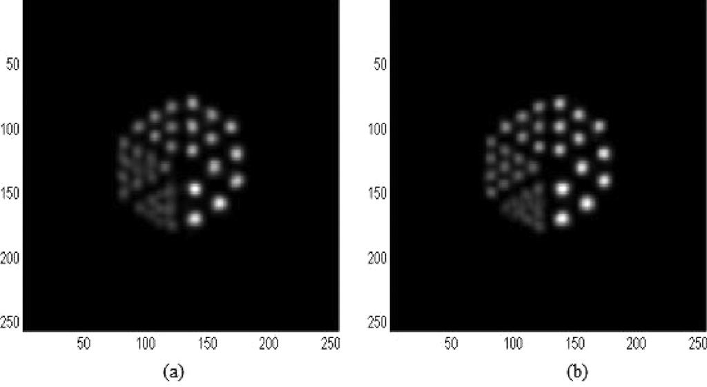 BRONNIKOV: SPECT IMAGING WITH RESOLUTION RECOVERY 1461 Fig. 6. Reconstruction of the computer phantom (256 2 256 pixels). (a) Parallel-beam reconstruction. (b) Fan-beam reconstruction.