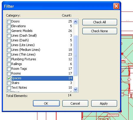 Then uncheck all items except Spaces on the Filter dialog. At this point all spaces from your selection will be selected. Right-click a selected space object, and select Properties from the menu.