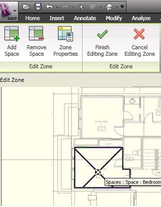 Assigning Revit MEP 2010 Spaces to HVAC Zone Objects To create an HVAC Zone, go to the Analyze tab and choose Zone. A small Zone window will appear with three icons plus Finish and Cancel buttons.