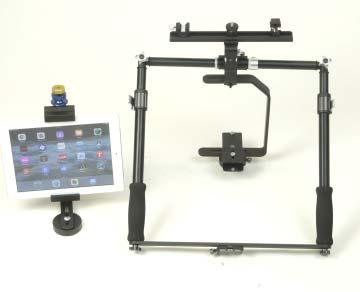 Computer tablet and DSLR Rig Model #30-380/500 ball bearing gimble adapters crossbar x,y drag adjustment telescopic handles 2 counter weights heavy duty tablet holder adjustable shoulder harness