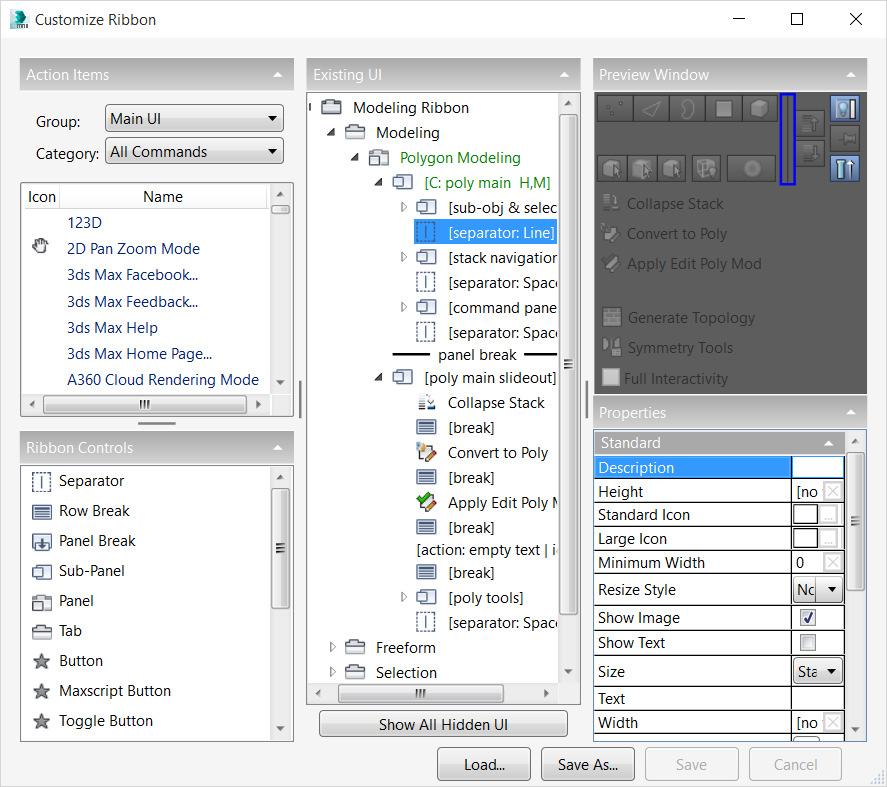 Figure 2 The standard Customize User Interface items can be saved and loaded via a UI file set. This also will allow you to share the customizations with other users.