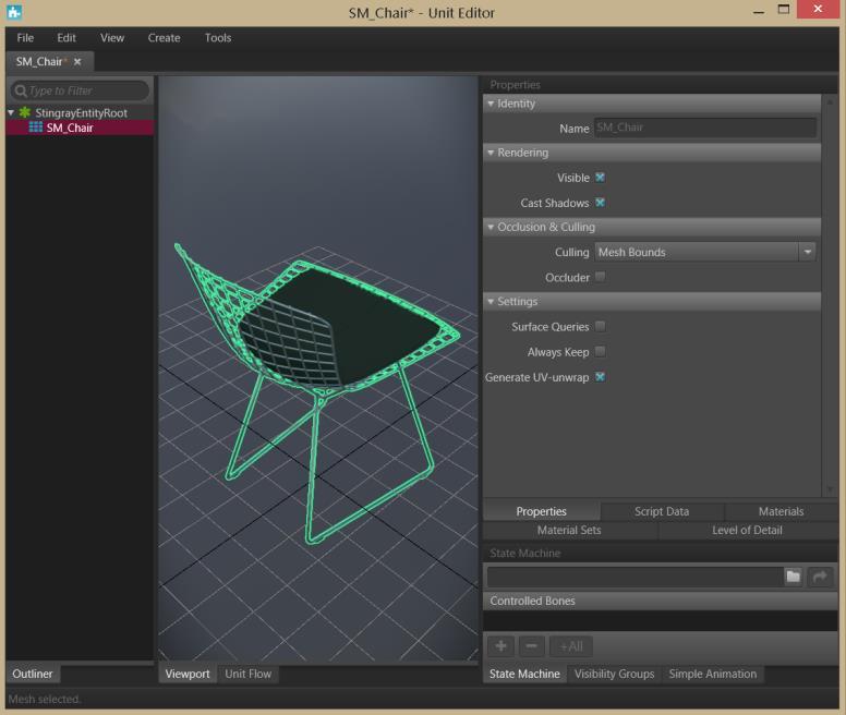 The missing UV can also be generated in Stingray using the Unit Editor. Select one of the units we imported previously (for instance the dining chair).