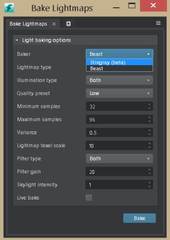 In the Window menu, go to Lighting and select Bake Lightmaps. You can choose from two different bakers: Beast or Stingray (beta).