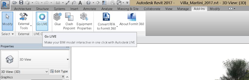 Workflow 1- Revit to LIVE In Revit, open your Revit model and then select Add