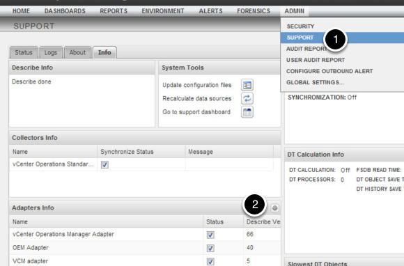 Describe the adapters Select Admin > Support, then click on the Info tab.