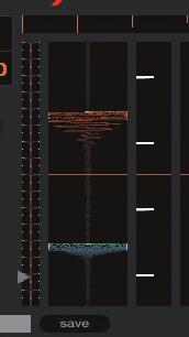 Main waveform display This view provides a close-up view of the track, including color-coding to show the frequency of the sound; red representing low-frequency bass sounds, green representing