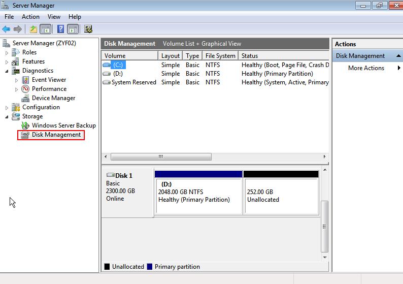 6 FAQs (End Users) Step 1 Right-click Computer on the desktop and choose Manage from the shortcut menu. The Server Manage window is displayed. Click Disk Management on the left.