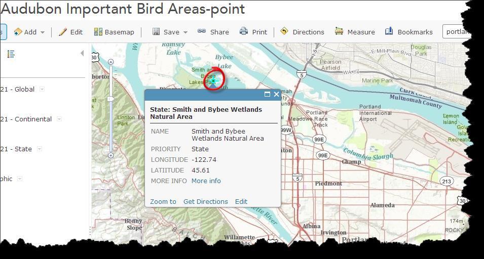 Now you know the Name (Bybee Wetlands) and type of IBA ( State ) as well as its coordinates. Click on More Info this sends you to additional Audubon information about the IBA, in a new browser window.