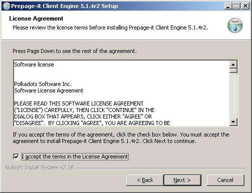 Figure 17 Client Engine installer/updater 3. Click Next at the Welcome screen. Then click the checkbox I accept the terms in the License Agreement if you accept them, and click Next.