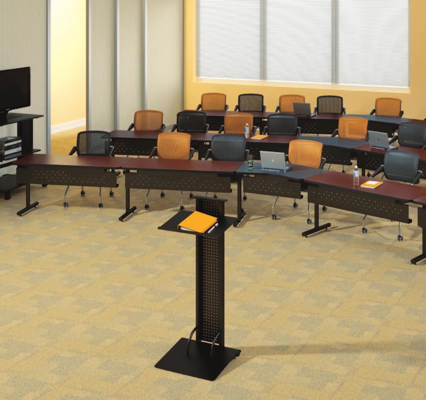 T-Mate T-Mate Tables in Cherry/Black with Black/Black Transition Tables. Shown with Audio/Visual Cart and Lectern (see page 14) and Valoré TSM2 Chairs (page 15). A leg up on affordability.