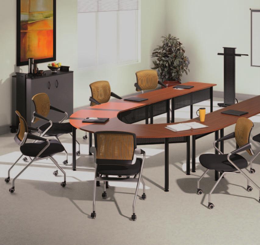 encounter Encounter Tables in Cherry/Black. Shown with Hospitality Cart and Lectern (see page 14) and Valoré TSM2 Chairs (page 15). Where low price and high performance meet.